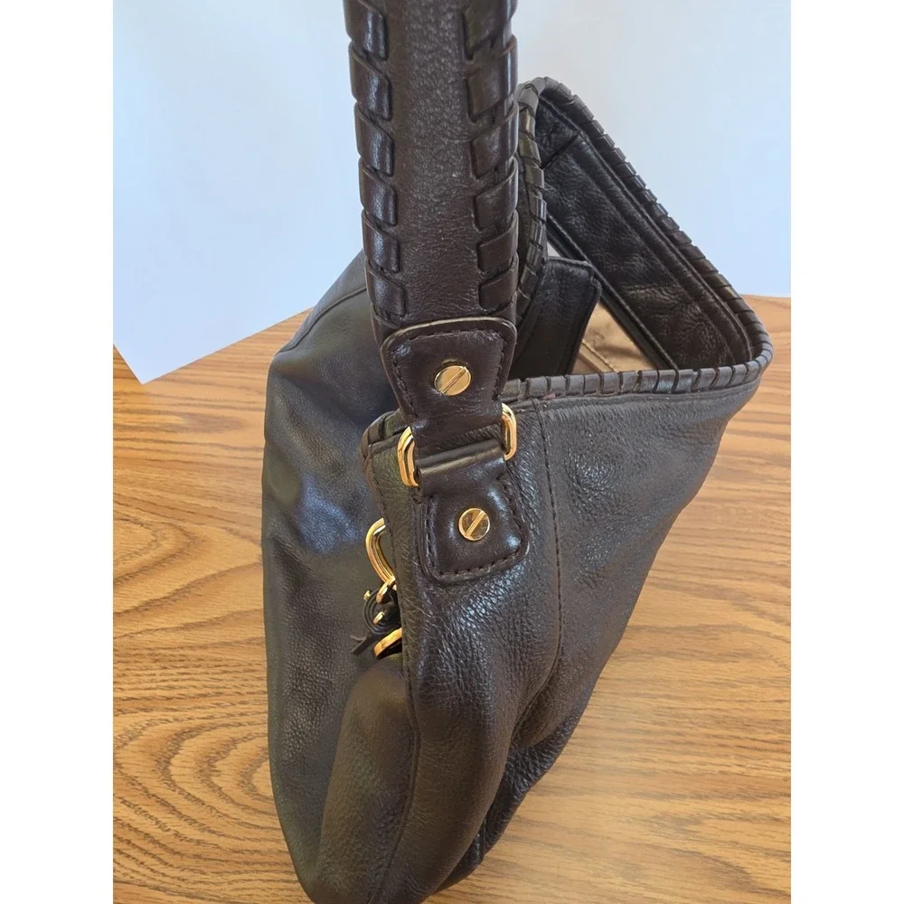 Michael Kors Handbag Womens Brown Pebbled Leather Hobo Shoulder Bag Top Zip